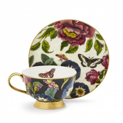 Dark Floral Coupe Teacup and Saucer