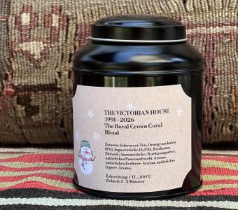 The Royal Crown Coral Blend Premium black tea tin with double aroma protection
