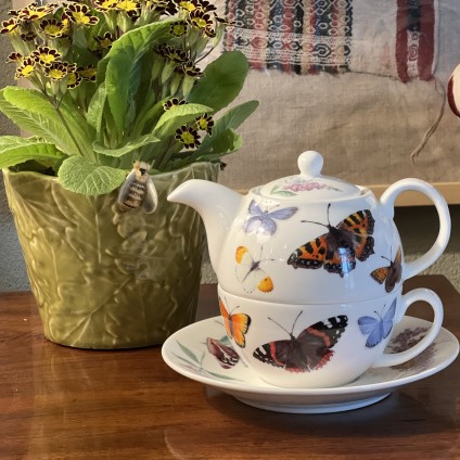 Butterfly Garden Fine Bone China Tea for One Teapot with Tea Cup and Saucer