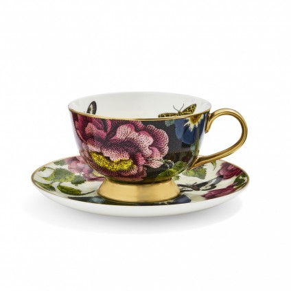 Dark Floral Coupe Teacup and Saucer