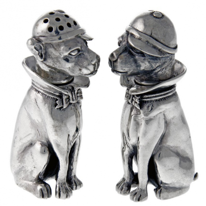Sterling Silver Pair of Dogs Wearing a Cap Salt and Pepper